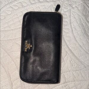 Authentic Prada Black Leather Wallet with Gold Accents
